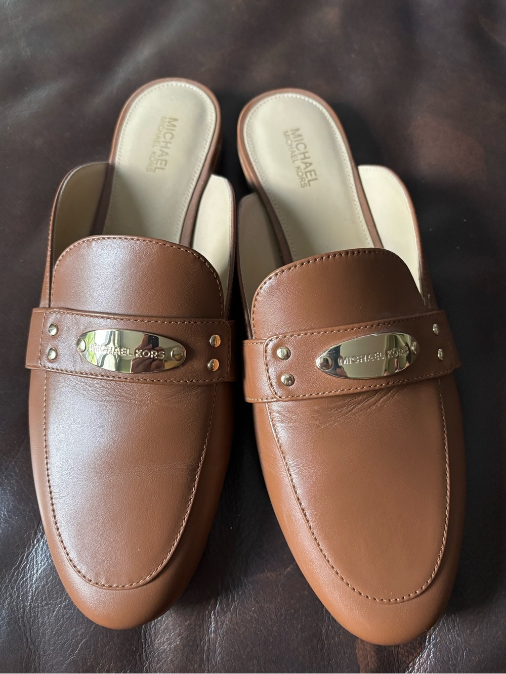 Michael Kors Women’s Logo Camel Brown Leather Slip-On Mule Loafer-size 7.5
